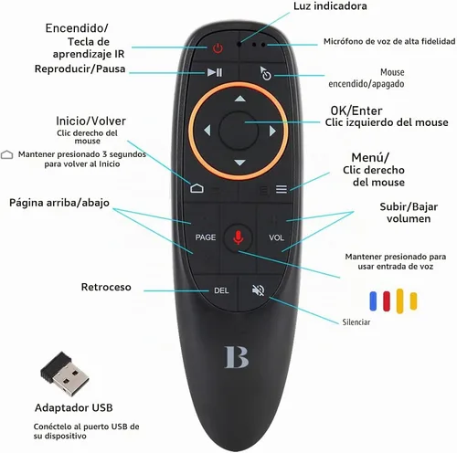 Vista 3 de BL Control remoto de mouse de aire, control remoto por voz 2.4G RF inalámbrico con giroscopio de 6 ejes IR aprendizaje, USB Air Mouse remoto