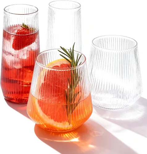 Vista 9 de BESTSTAR 24 Pack Plastic Ribbed Origami Ripple Plastic Glasses Set - 12 9 OZ Stemless Champagne Flutes & 12 12OZ Cups, BPA-Free Shatterproof Clear