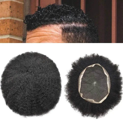 Vista 14 de Afro Toupee For Black Men Black Human Hair Mens Toupee Full Lace Hairpiece African American Wavy Kinky Hair System For Men 2MM Afro Wavy-#1 Jet Black