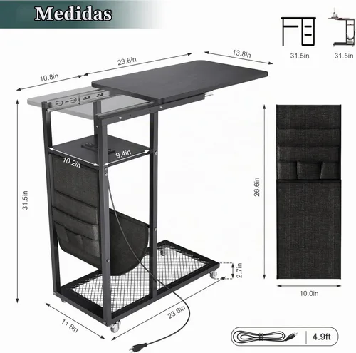Vista 2 de Mesa auxiliar en forma de C de Colima con estación de carga (Negro, Extra Grande)