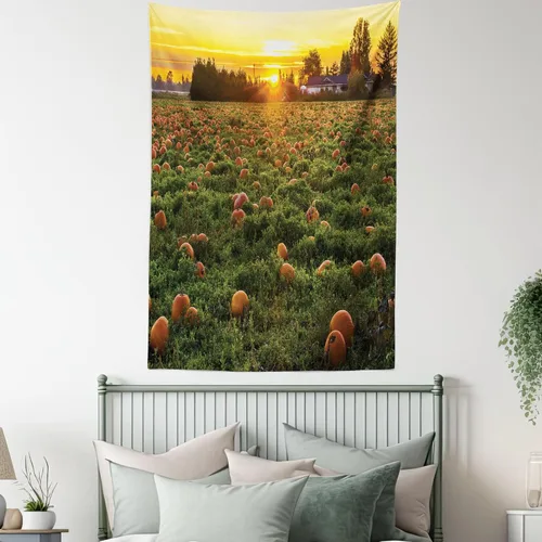 Vista 5 de Ambesonne Tapiz de calabaza de otoño, tamaño Queen, foto temática de agricultura de otoño, parche de frutas de temporada al atardecer, colcha