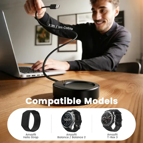 Vista 2 de Cable de carga magnético USB-A para correa Amazfit Helio, cargador de repuesto de 3.3 pies compatible con Amazfit T-Rex 3, Balance, Balance 2