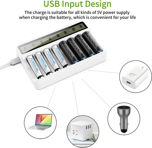 Vista 5 de Powerowl Cargador de Batería de 8 Compartimentos AA AAA con Pantalla LCD (Carga Rápida USB, Ranura Independiente) para Baterías Recargables Ni-MH