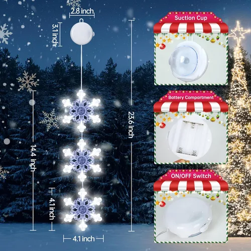 Vista 3 de Decoraciones de Navidad con luces, pack de 3 luces blancas de copo de nieve para ventana, luces de Navidad colgantes, funciona con pilas, decoración