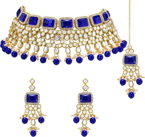 Vista 4 de Aheli Juego de collar largo Kundan chapado en oro para mujer