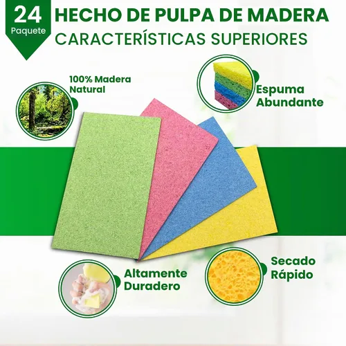 Vista 2 de Esponjas de celulosa – Paquete de 24 esponjas multicolor comprimidas naturales para cocina – A base de plantas, biodegradables, antiarañazos, secado