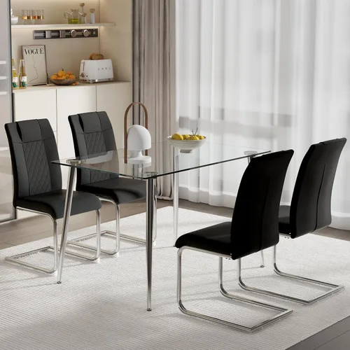 Vista 13 de Juego de mesa de comedor para 4, 5 piezas, juego de mesa de comedor de terciopelo moderno, mesa rectangular de vidrio templado para cocina, bar