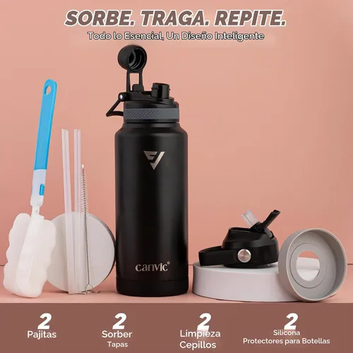 Vista 2 de Canvic DualSip - Botella de agua de acero inoxidable aislada al vacío de 32 onzas, 2 tapas a prueba de fugas (pajilla y pico), boca ancha, sin BPA