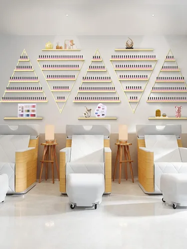 Vista 6 de Lorvain - 10 estantes de almacenamiento de esmalte de uñas de metal para montaje en pared, 5 niveles, color dorado, triangular, vitrinas