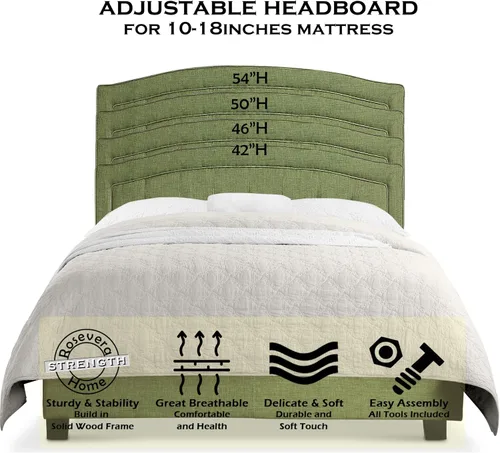 Vista 4 de Rosevera Layla - Marco de cama de panel con cabecera ajustable con botones para dormitorio/tapizado de lino, soporte de listones de madera/fácil