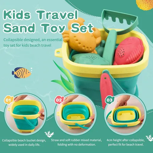 Vista 6 de Juguetes de playa para niños, el juego de juguetes de arena incluye pala de cubo de arena plegable y rastrillo de arena para playa, 12 piezas