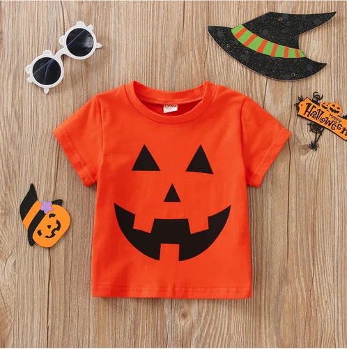 Vista 2 de Camiseta de Halloween con cara de fantasma de calabaza y fantasma de manga cortalarga cuello redondo camisetas de Halloween