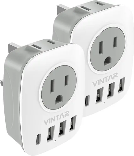 Vista 7 de Paquete de 2 adaptadores de enchufe de Sudáfrica, adaptador de enchufe VINTAR tipo M con 1 USB C, 3 puertos USB y 2 enchufes estadounidenses