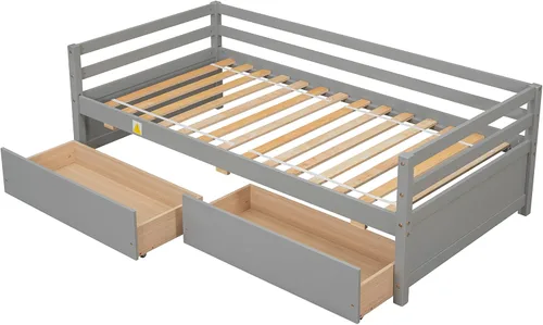 Vista 7 de Marco de sofá cama de madera de tamaño individual con 2 cajones de almacenamiento, sofá cama multifuncional con soporte de listones de madera