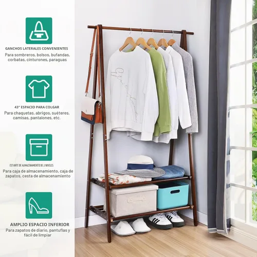 Vista 2 de Jotsport Estante de ropa de bambú con estante de almacenamiento de 2