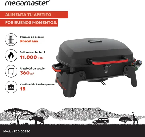 Vista 2 de Megamaster Parrilla de gas portátil de 1 quemador con tapa de bloqueo, quemador de acero inoxidable de 11,000 BTU, patas plegables, pequeña parrilla