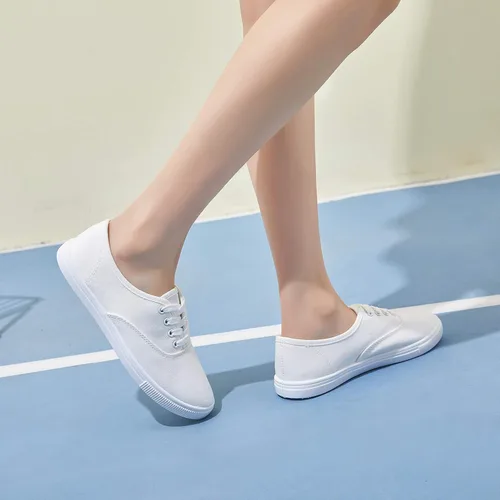 Vista 5 de Zapatos de lona para mujer, zapatos de tenis blancos, zapatos casuales sin cordones, bordados florales, Blanco