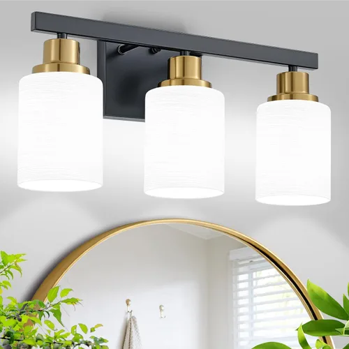Vista 9 de Juego de 2 apliques de pared para baño, 1 luz negra, apliques de pared modernos para interiores con pantallas de vidrio blanco, lámpara de pared