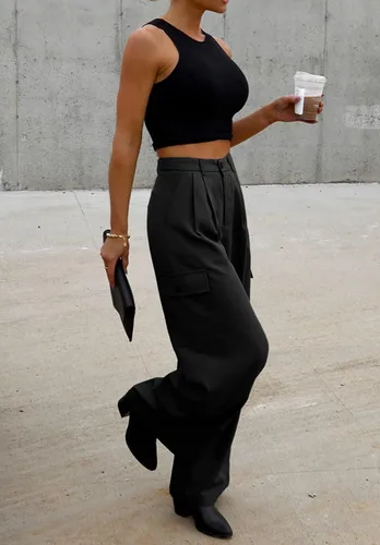 Vista 3 de Dokotoo Pantalones cargo de cintura alta y pierna ancha para mujer, pantalones holgados de trabajo casuales con 4 bolsillos