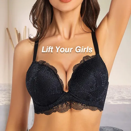 Vista 4 de Women's Push Up Lace Bra Padded Add 2 Cups Support Underwire Lift Up Deep V Bra for Women