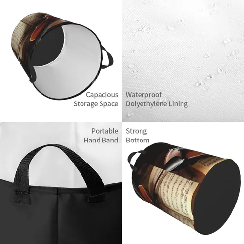 Vista 4 de Cesta circular con estampado de violín y libro, impermeable, cesta organizadora de lavandería, con asas, para ropa, juguetes, pequeña