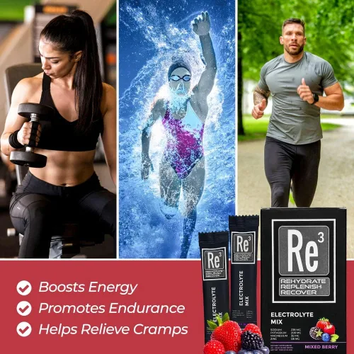 Vista 6 de Re3 - Rehydrate - Replenish - Recover Paquetes de electrolitos en polvo. Sin azúcar, 7 cal, 1.4 carbohidratos. La mejor mezcla de vitaminas