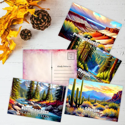 Vista 6 de PARTH iMPEX Juego de postales de 63 parques nacionales de Estados Unidos, pósteres de viaje vintage, kit de collage estético de pared, tarjetas
