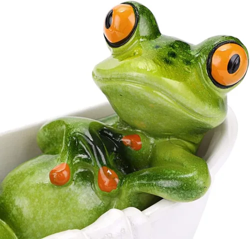 Vista 4 de JUXYES Figura de Rana de Resina de Artesanía Creativa, Rana Esculpida Acuclillada en la Bañera, Mascota Personalizada de Animal Coleccionable