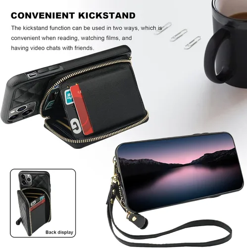 Vista 5 de Bocasal Funda tipo cartera cruzada para iPhone 11 Pro Max, con bloqueo RFID, de piel sintética, con cremallera, funda tipo cartera con función atril