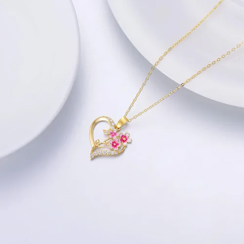 Vista 29 de Collar de flor de nacimiento de oro real de 14 quilates para mujer, oro amarillo creado moissanita con colgante de corazón, collares