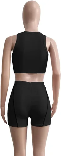 Vista 5 de Alunzoem Conjuntos de entrenamiento para mujer 2 piezas trajes de gimnasio sin costuras acanalado camiseta sin mangas pantalones cortos de cintura