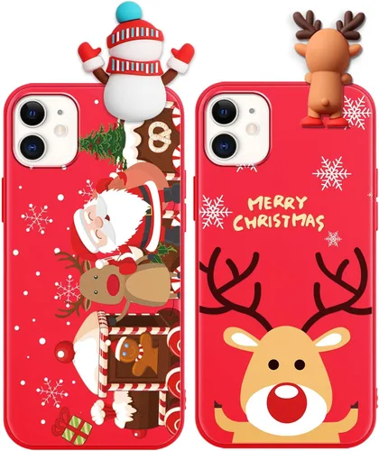 Vista 36 de Pack de 2 Fundas Lindas de Navidad para iPhone 7/8 / SE 2020/2022 4.7", Oso Rojo, Alce, Muñeca 3D, Muñeco de Nieve, Patrón Feliz Navidad, Silicona
