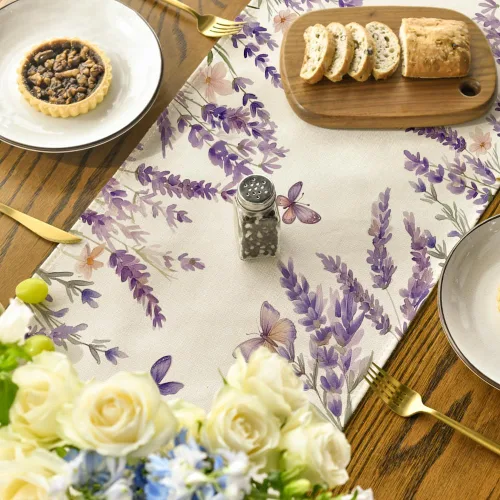 Vista 4 de Artoid Mode Camino de mesa de primavera con mariposas florales de lavanda morada, decoración de mesa de comedor de cocina de verano de temporada