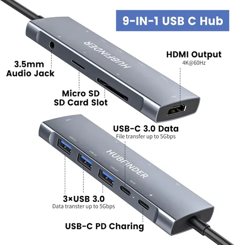Vista 2 de Hub USB C, HUBFINDER 9 en 1 USBC a HDMI con 4K, entrega de energía de 100 W, 3 puertos de datos USB 3.0 y USB-C de 5 Gbps, lector de tarjetas SD/TF