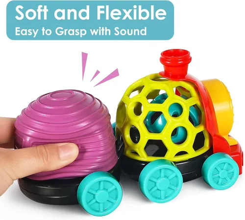 Vista 3 de iPlay, iLearn Tren de juguete para bebés, autos suaves para niños de 6 a 12 meses, camión musical Push N Go, sonajero sensorial para niños pequeños