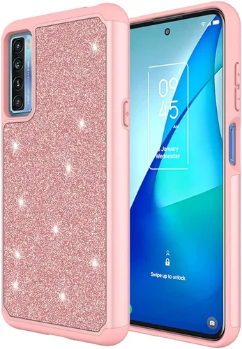 Vista 2 de Funda diseñada para TCL 20S con purpurina con vidrio templado, absorción de golpes, antiarañazos, resistente, duradera, protección contra caídas Oro