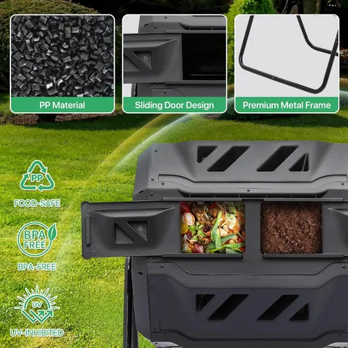 Vista 5 de Athena Collection Vaso de compost, 2 cámaras de compostaje doble de 21.5 galones para exteriores, fácil giro y rotación rápida con 2 puertas
