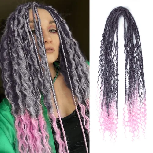 Vista 49 de Extensiones de rastas trenzadas bohemias de 24 pulgadas, 10 hebras de rastas sintéticas rizadas color marrón degradado con trenza de caja, rastas