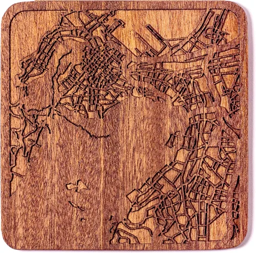 Vista 94 de Posavasos Amsterdam Map by O3 Design Studio, 1 pieza, posavasos de madera Sapele con mapa de la ciudad, hecho a mano, varias ciudades opcionales