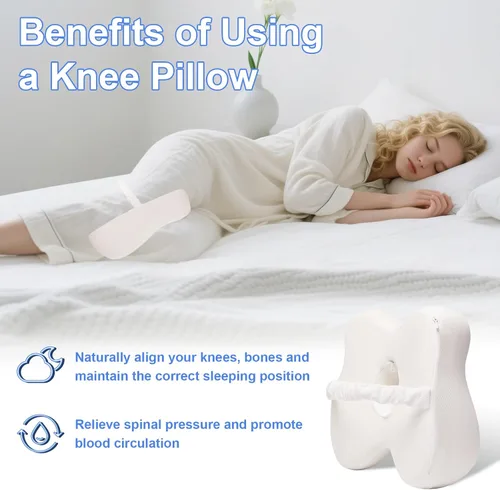 Vista 11 de Almohada de espuma viscoelástica para rodillas para dormir de lado, almohada para piernas con banda elástica para ciática, dolor de cadera