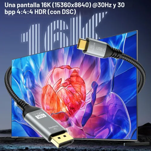 Vista 2 de Cable Angusplay USB C a DisplayPort 2.1, cable Thunderbolt 4/3 a Display Port, cables USB C a dp de 40Gbps compatible con 16k@30Hz, soporte 8K@120Hz