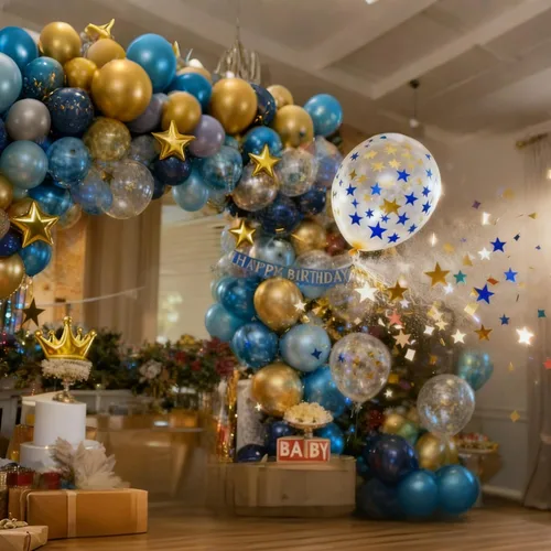 Vista 4 de Globos de color azul dorado y plateado, 50 unidades de 12 pulgadas, color azul marino metálico, azul marino, azul claro, plateado y dorado