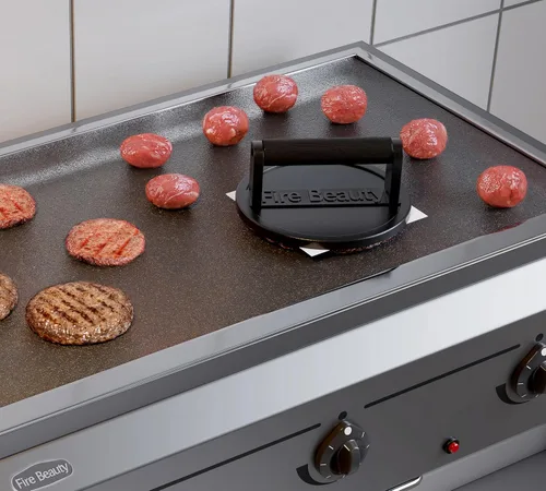 Vista 10 de Fire Beauty Prensa de hamburguesa de hierro fundido con mango de madera para parrilla de plancha Color de madera+superficie esmaltada