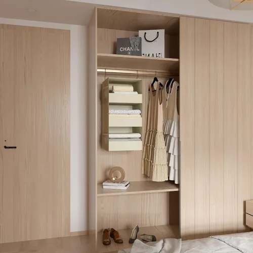 Vista 6 de Organizador y almacenamiento de armario colgante de 3 estantes, estantes plegables colgantes para armario, diseño de borde frontal, almacenamiento