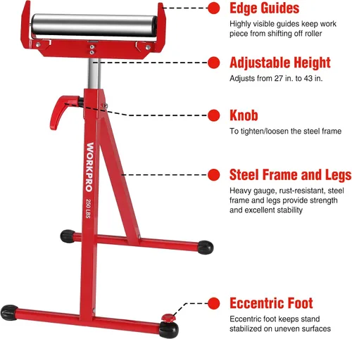 Vista 2 de WORKPRO Soporte de Rodillo Plegable con Altura Ajustable, Servicio Pesado con Capacidad de Carga de 250 LB, Salida para Carpintería