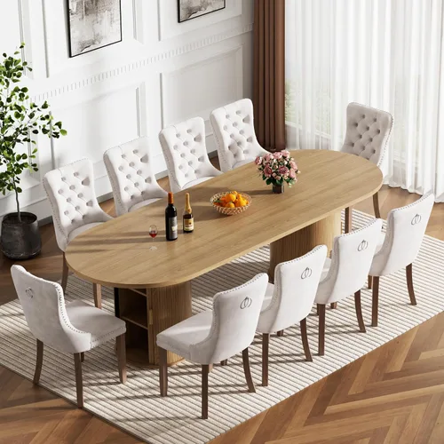 Vista 23 de Mesa de comedor extensible de madera de 63 a 94 pulgadas para 6-8-10 personas, mesa de cocina ovalada expandible con base de gabinete acanalada Mesa