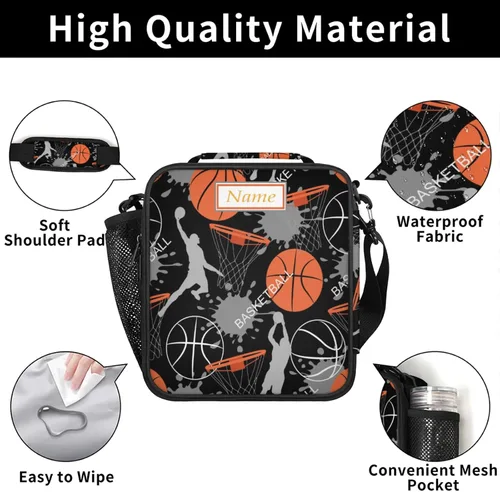 Vista 4 de Lonchera personalizada con nombre, lonchera personalizada de baloncesto, bolsa de almuerzo aislada personalizada, bolsa de preparación de comidas