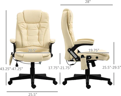 Vista 3 de HOMCOM, silla de oficina ejecutiva, ergonómica, piel sintética, con calor, masaje vibratorio., Cuero, Crema