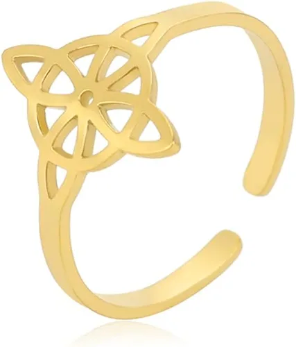 Vista 9 de UNIFT Anillo de nudo de bruja para mujer, de acero inoxidable, estilo geométrico, elegante, elegante, irlandés, nudo celta, ajustable, anillo