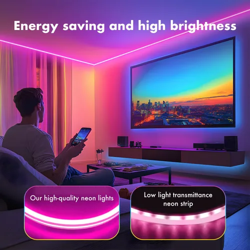 Vista 2 de Luces de Cuerda de Neón, Tiras de Luces LED RGB de 65.6 Pies, Control por Aplicación, Control Remoto IR, Sincronización de Música, Impermeable IP67
